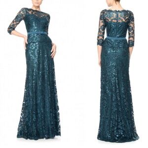 Tadashi Shoji Paillette Embroidered Lace 3/4 Sleeve Gown Starry Night 0 Petite